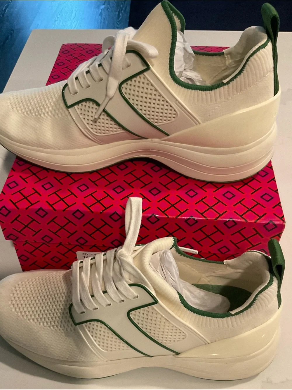 Tory Burch T Sock Runner Sneakers in Ivory with Green Trim